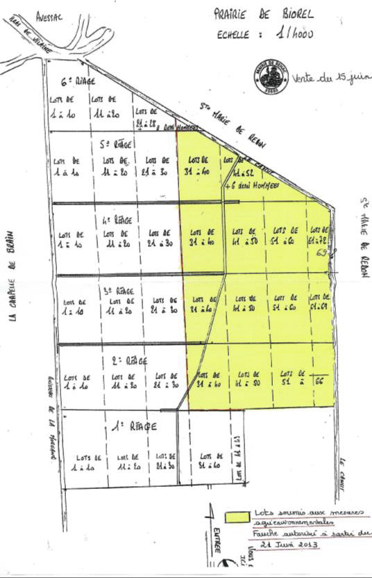 Plan de la « Grand-Pré » avec les lots et les réages (en jaune, les parcelles soumises aux normes Natura2000