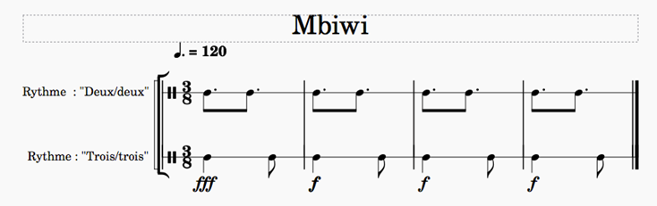 Notation rythmique de "la cassure" dans la musique du mbiwi © Elena Bertuzzi