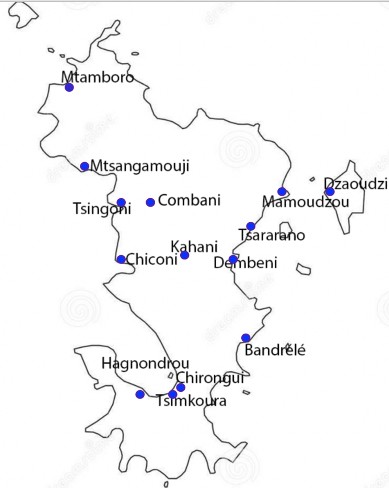 Carte des villes de Mayotte où sont situés les groupes qui ont participé à la rédaction de cette fiche